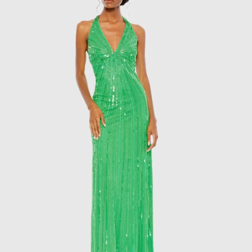 ISO Mac Duggal Green Halter Neck Sequin Gown
